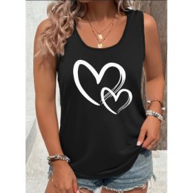Hearts Print Crew Neck Tank Top, Casual Sleeveless Tank Top For Summer, Women's Clothing (Option: Black-3XL)