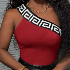 Elegant Casual One-Shoulder Letter Printed White Knitted Off-Shoulder Bodysuit Women's Tank Top-Z (Option: Red-3XL)