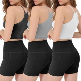 3 Pack Women Crop Basic Tank Top Ribbed Knit Sleeveless Round Neck 9 Color Machine Wash Summer Crop S To XL (Option: BlackWhiteGrey-S)