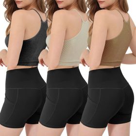 3 Pack Women Crop Basic Tank Top Ribbed Knit Sleeveless Round Neck 9 Color Machine Wash Summer Crop S To XL (Option: DGreyKhakiBeige-M)