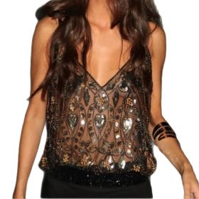 Sequin Bead Sling Basic Vest Women's Western Style Elegant (Option: Black Gold-S)