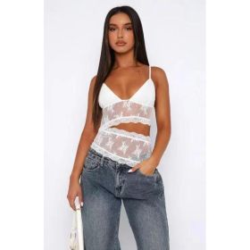 Lace Stitched Backless Small Sling Women V Neck Tank Top Underwear Vest Candy Color Bralette Clothes (Option: White-XL)