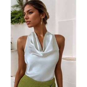 Women Solid Color Swing Collar Sleeveless Vest Trendy Elegant Shirt With Halter Neckline Backless Short Sleeve Tops Tshirts (Option: White-XL)