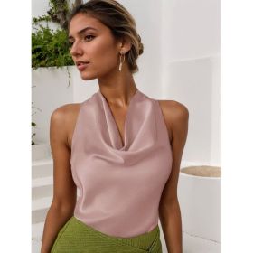Women Solid Color Swing Collar Sleeveless Vest Trendy Elegant Shirt With Halter Neckline Backless Short Sleeve Tops Tshirts (Option: Pink-XL)