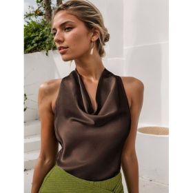 Women Solid Color Swing Collar Sleeveless Vest Trendy Elegant Shirt With Halter Neckline Backless Short Sleeve Tops Tshirts (Option: Khaki-XL)